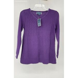 Karen Scott Purple‎ Women's Sweater Dynasty V-Neck Mixed Knit 100% Cotton - XS